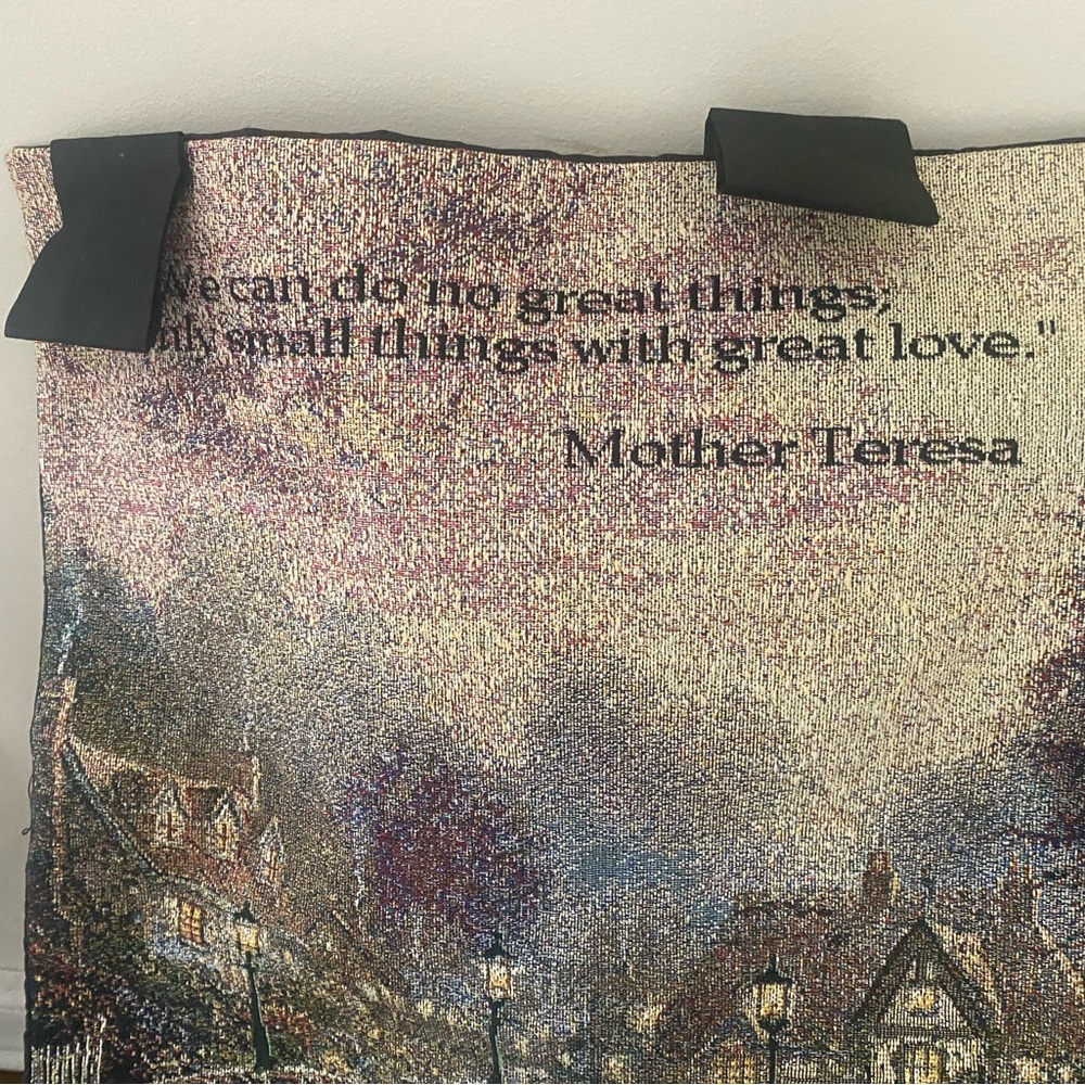 Thomas Kinkade Tapestry with Inspirational Quote in Cream and Brown